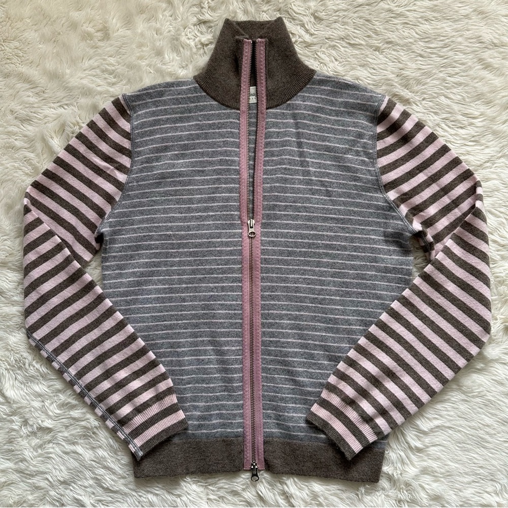 Neiman Marcus Sweater 100% Pure Cashmere Long Sleeve Mockneck Zip-up Stripes M